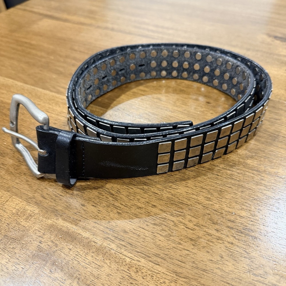 Black‎ Studded Faux Leather Belt Silver Square Studs Punk Goth Unisex 44"